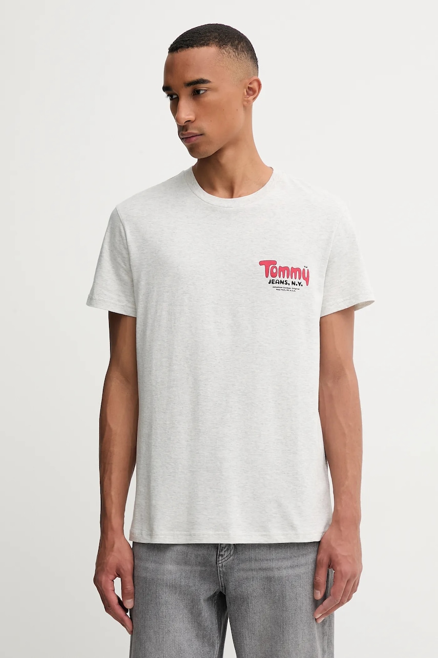 Tommy Jeans tricou din bumbac culoarea gri, cu imprimeu, DM0DM22049