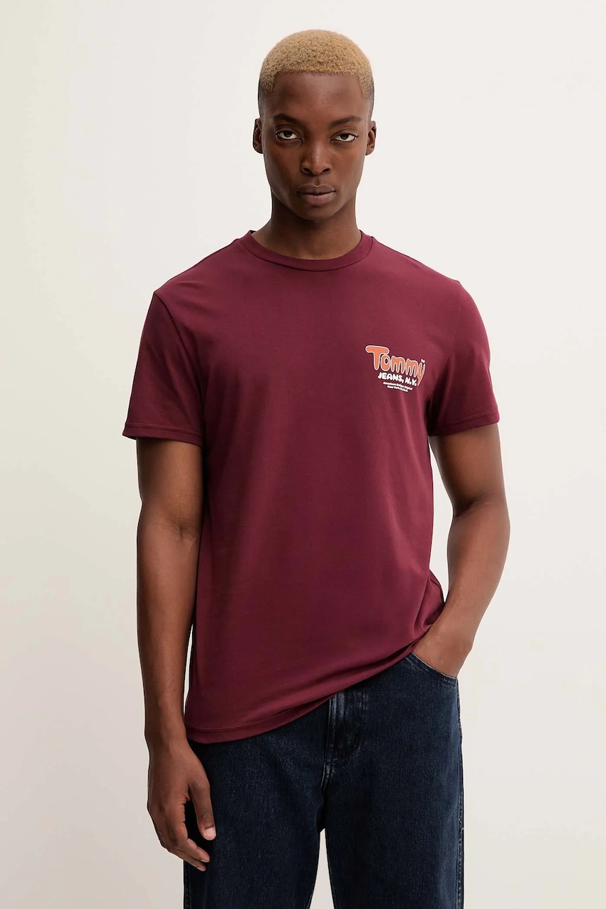 Tommy Jeans tricou din bumbac culoarea bordo, cu imprimeu, DM0DM22049