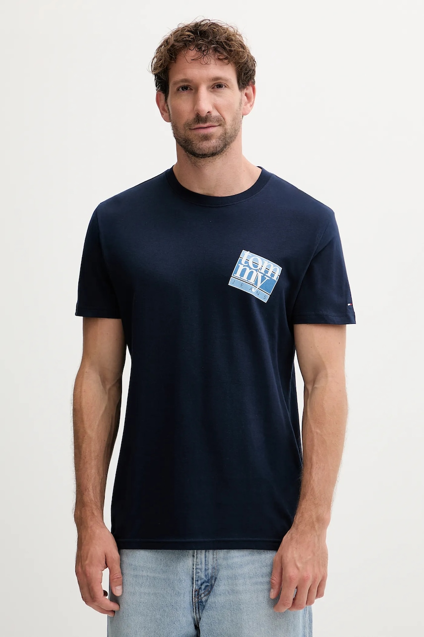 Tommy Jeans tricou din bumbac culoarea bleumarin, cu imprimeu, DM0DM22127