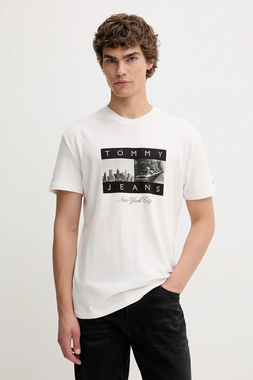 Tommy Jeans tricou din bumbac culoarea alb, cu imprimeu, DM0DM22464