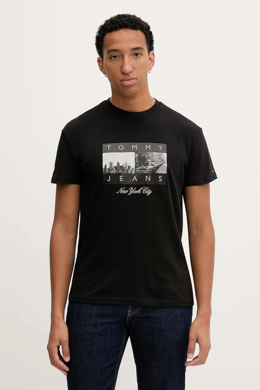 Tommy Jeans tricou din bumbac culoarea negru, cu imprimeu, DM0DM22464