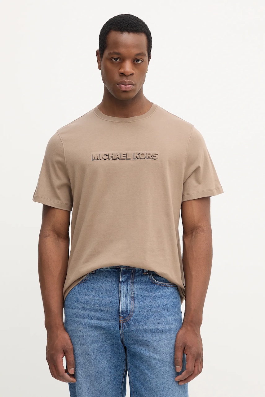 Michael Kors tricou din bumbac culoarea bej, cu imprimeu, CT552LP1V2