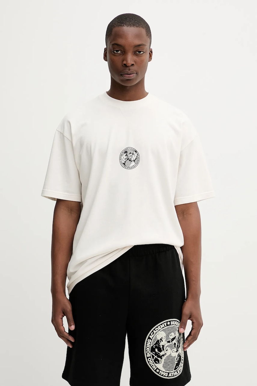 HUGO tricou din bumbac culoarea bej, cu imprimeu, 50542366