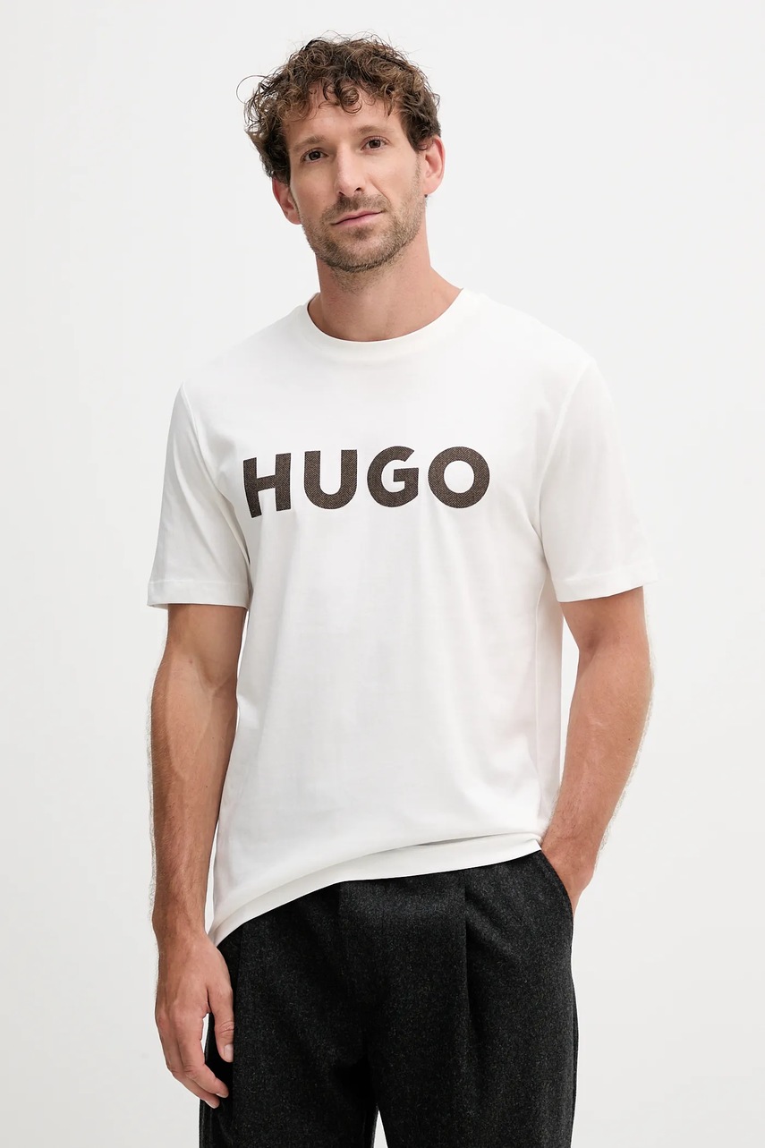 HUGO tricou din bumbac culoarea bej, cu imprimeu, 50542737