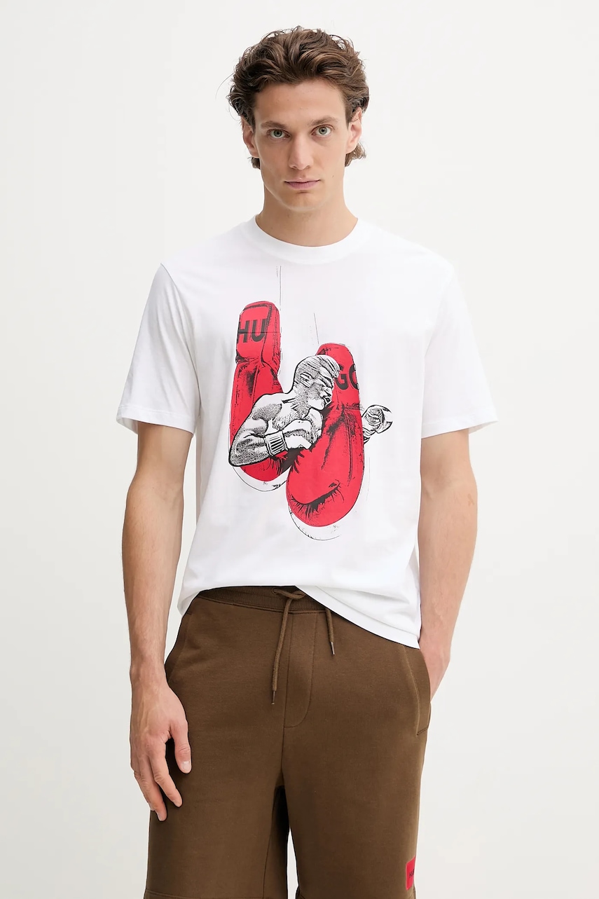 HUGO tricou din bumbac culoarea bej, cu imprimeu, 50542560