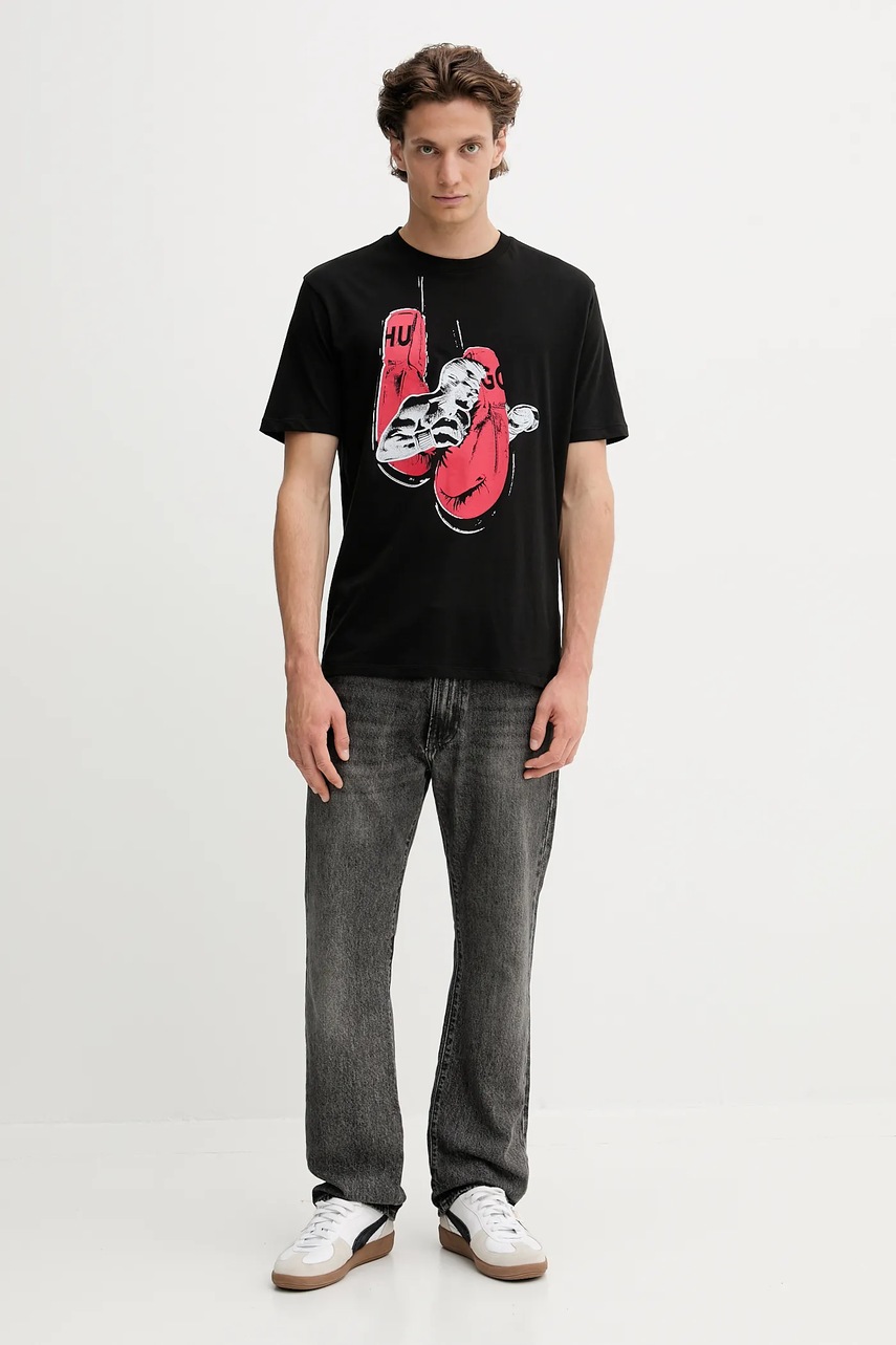 Хлопковая футболка HUGO цвет чёрный с принтом 50542560