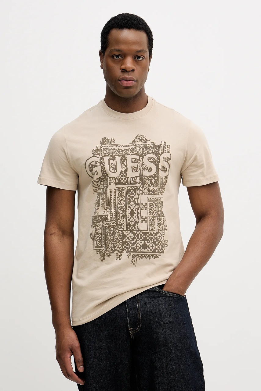 

Памучна тениска Guess в бежово с десен M5YI13 I3Z14, Бежов