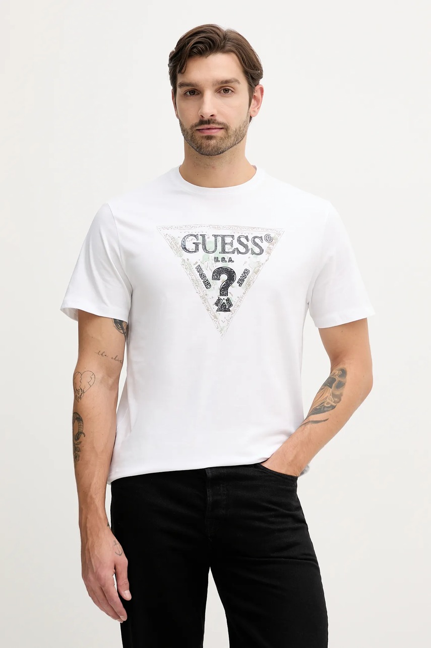 

Памучна тениска Guess в бяло с принт M5YI15 I3Z14, Бял