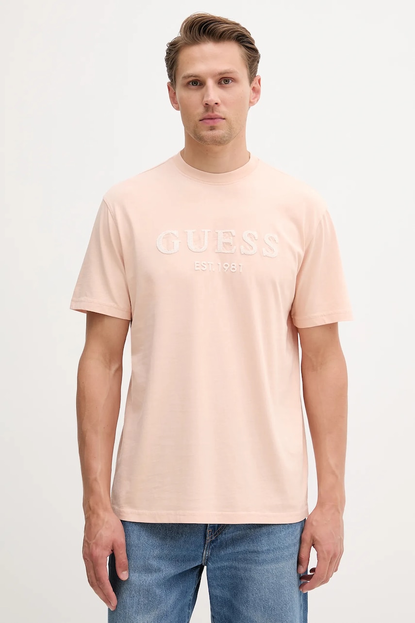 Levně Bavlněné tričko Guess pánské, oranžová barva, s aplikací, M5YI17 I3Z14