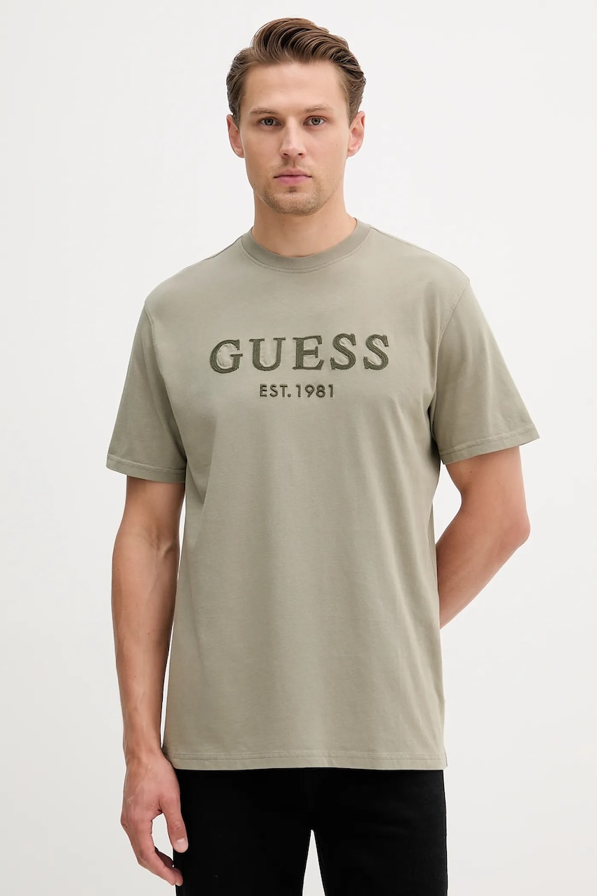 Levně Bavlněné tričko Guess pánské, zelená barva, s aplikací, M5YI17 I3Z14
