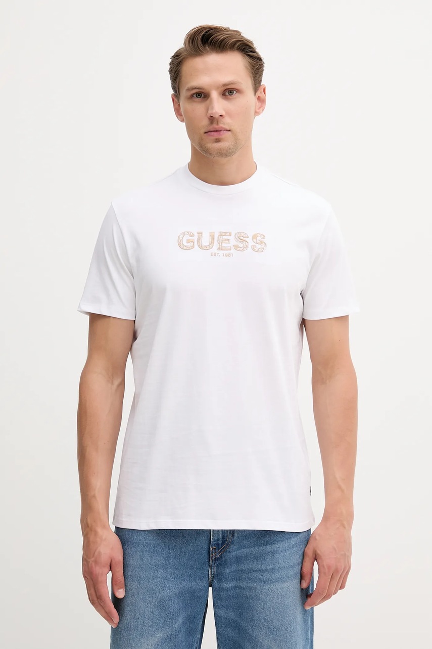 Levně Bavlněné tričko Guess pánské, bílá barva, s aplikací, M5YI41 KBW41
