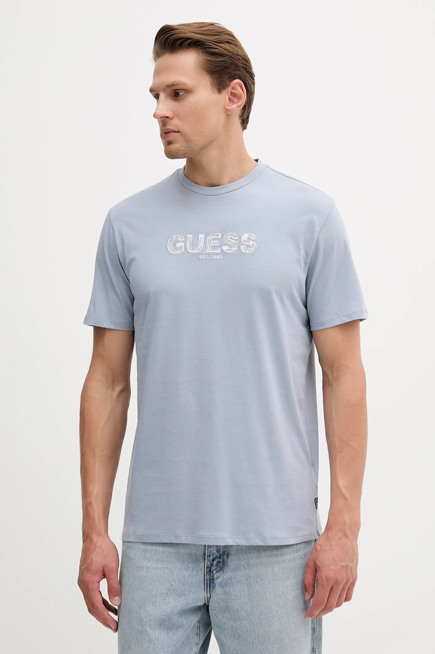 Levně Bavlněné tričko Guess pánské, modrá barva, s aplikací, M5YI41 KBW41