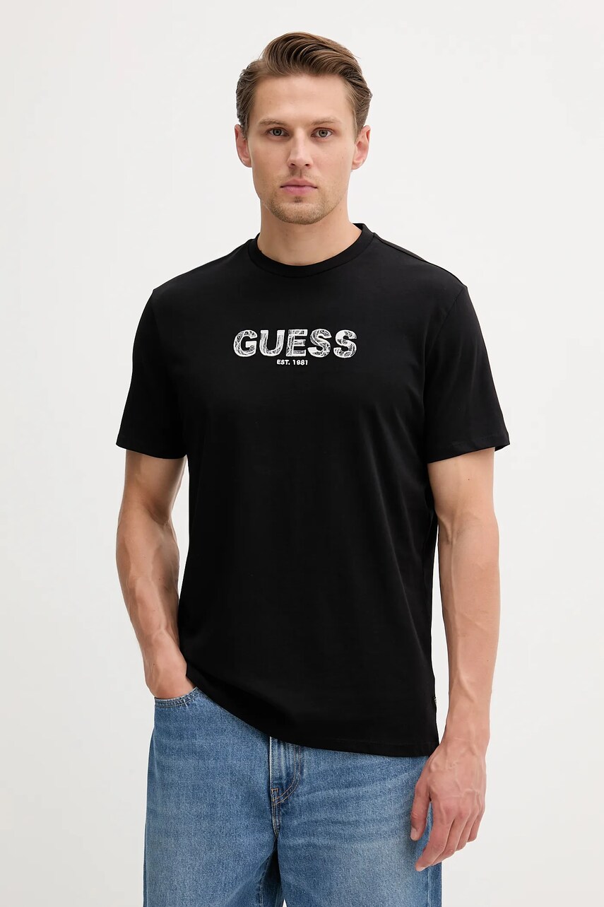 Levně Bavlněné tričko Guess pánské, černá barva, s aplikací, M5YI41 KBW41