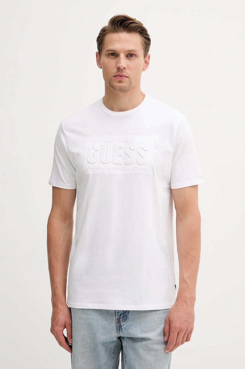Levně Bavlněné tričko Guess pánské, bílá barva, s potiskem, M5YI44 KBW41