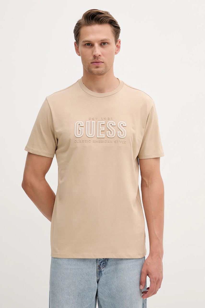 Levně Bavlněné tričko Guess pánské, béžová barva, s potiskem, M5YI44 KBW41
