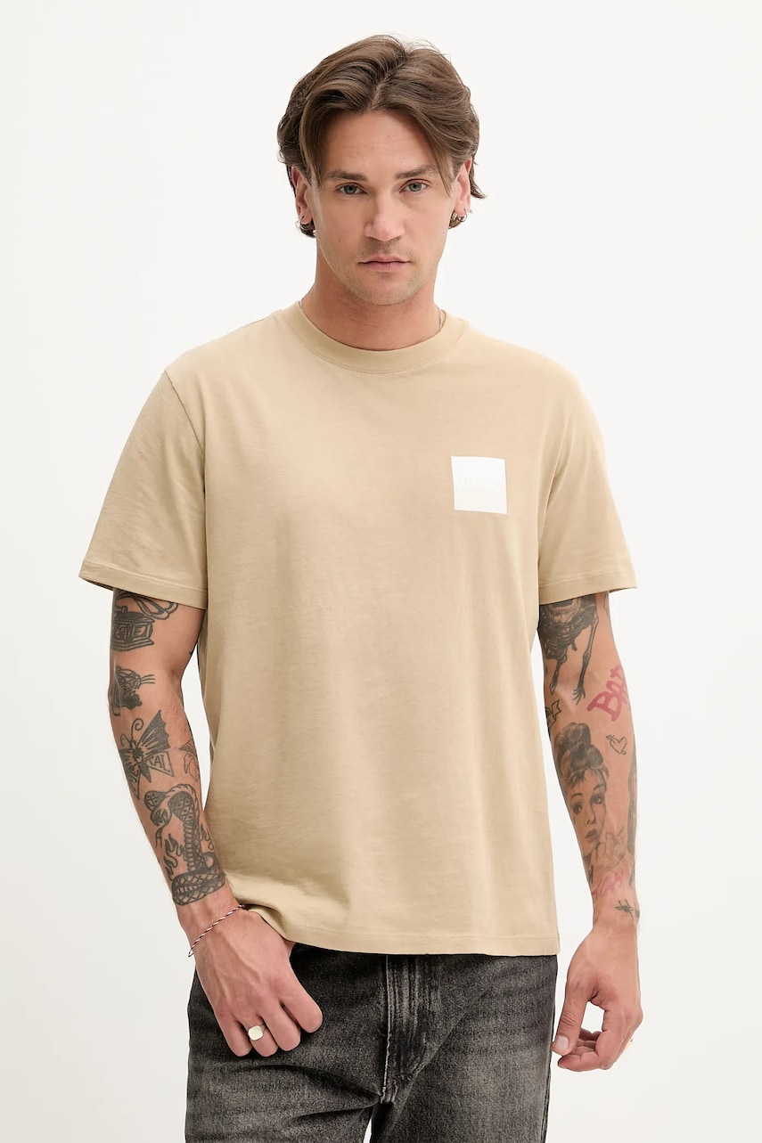 HUGO tricou din bumbac culoarea bej, cu imprimeu, 50544458