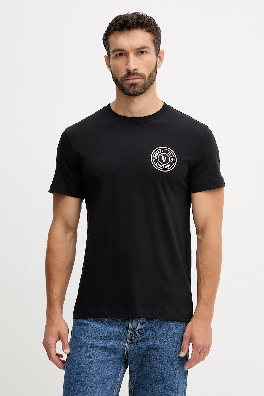 Versace Jeans Couture tricou din bumbac culoarea negru, cu imprimeu, 79GAHT00 CJ00T