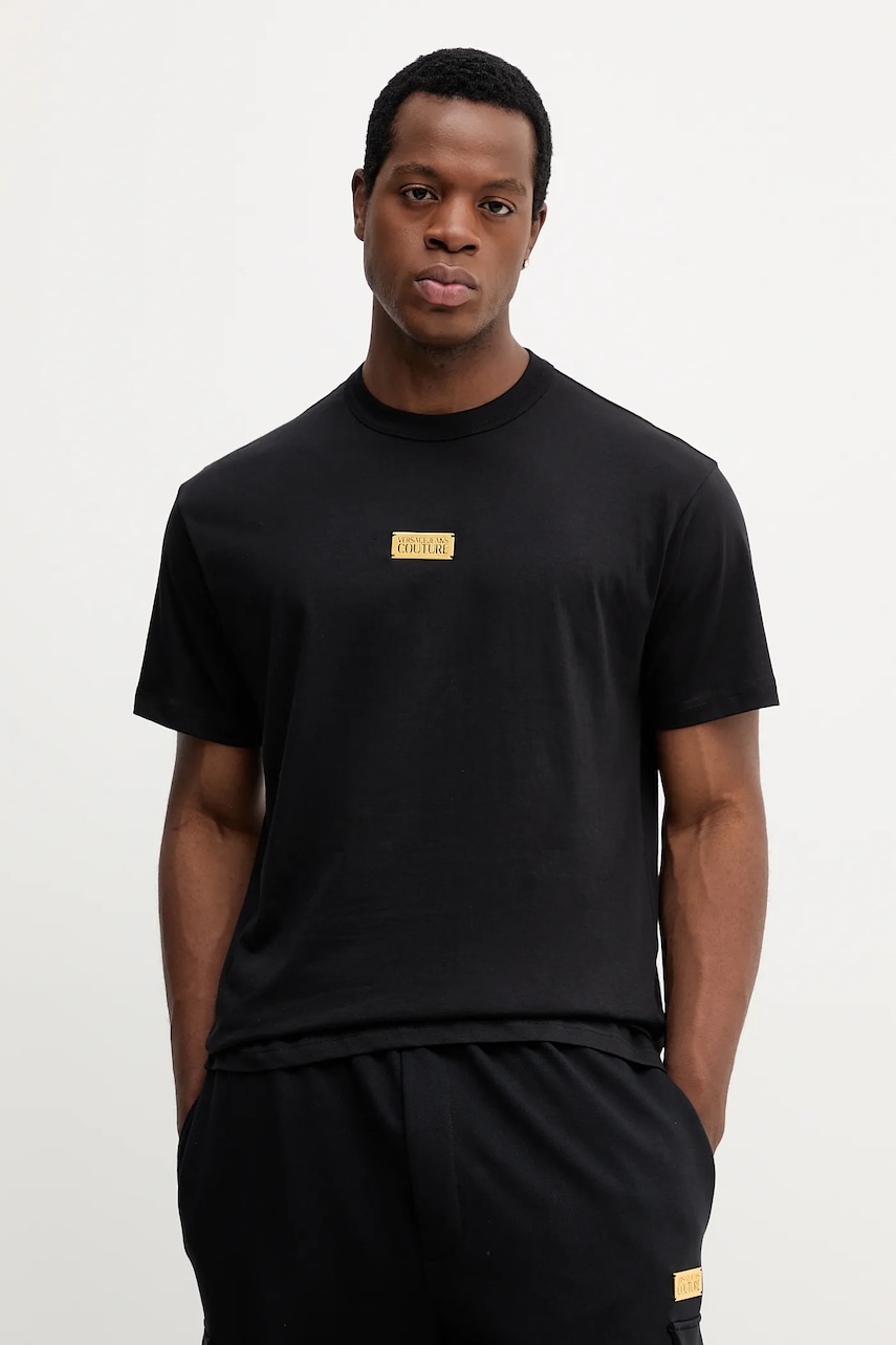 Levně Bavlněné tričko Versace Jeans Couture pánské, černá barva, s aplikací, 79GAHT08 CJ00T