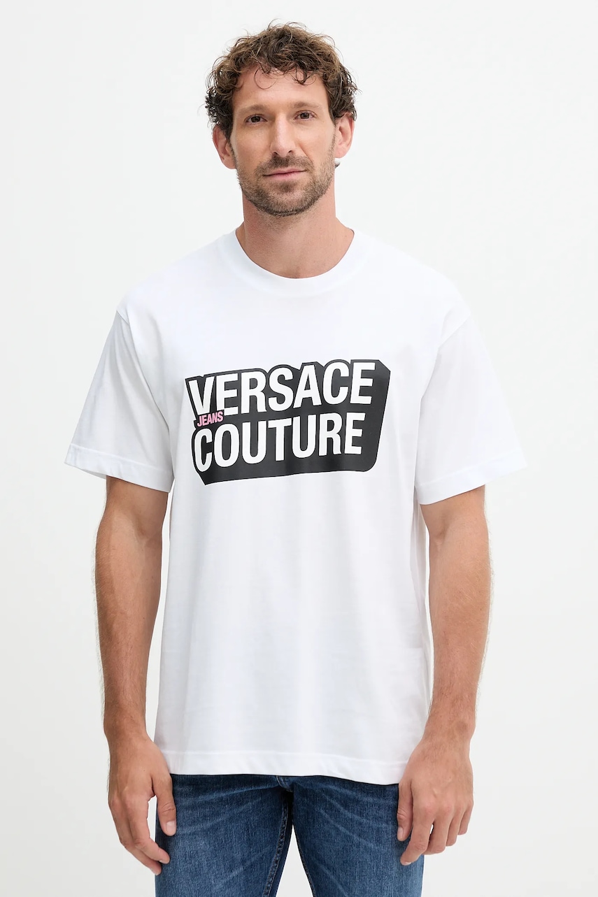 Versace Jeans Couture tricou din bumbac culoarea alb, cu imprimeu, 79GAHP02 CJ01P