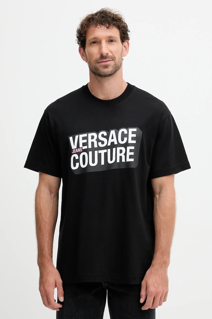 Versace Jeans Couture tricou din bumbac culoarea negru, cu imprimeu, 79GAHP02 CJ01P