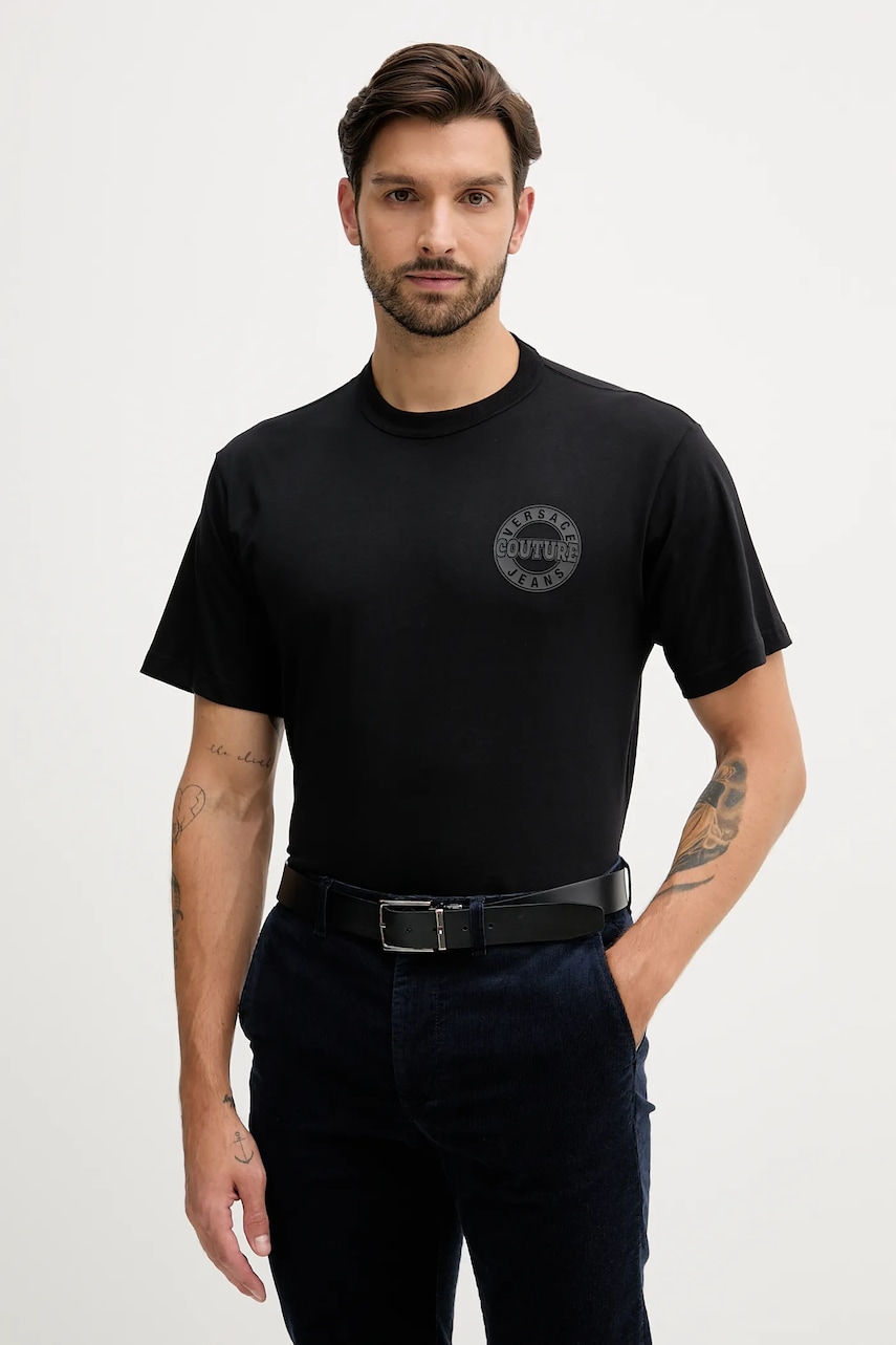 Versace Jeans Couture tricou din bumbac culoarea negru, cu imprimeu, 79GAHT06 CJ00T