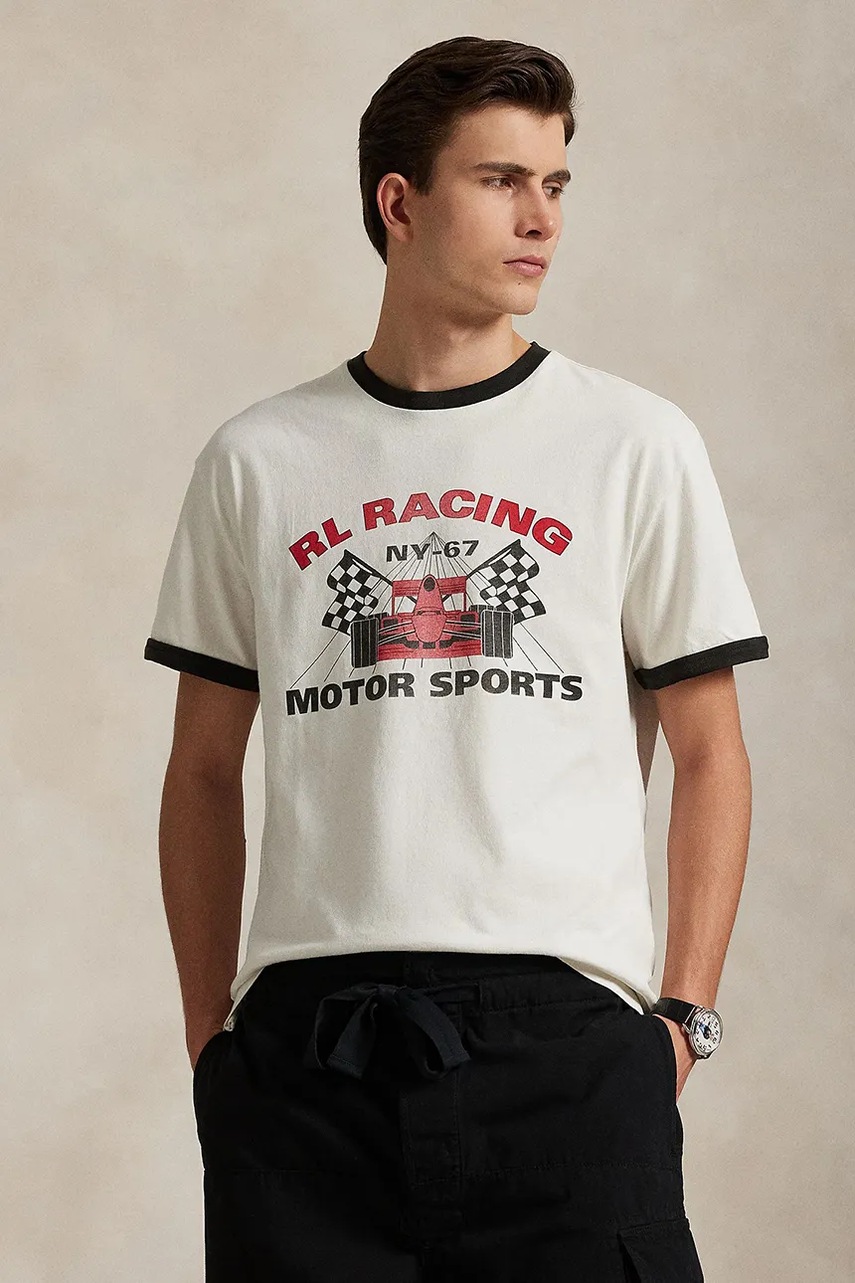 Tričko Polo Ralph Lauren Ssteeclsm1 Short Sleeve pánské, bílá barva, s potiskem, 710972335