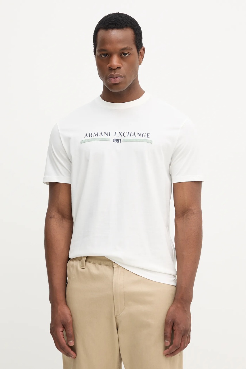 Levně Bavlněné tričko Armani Exchange pánské, bílá barva, s potiskem, XM001074 AF10356