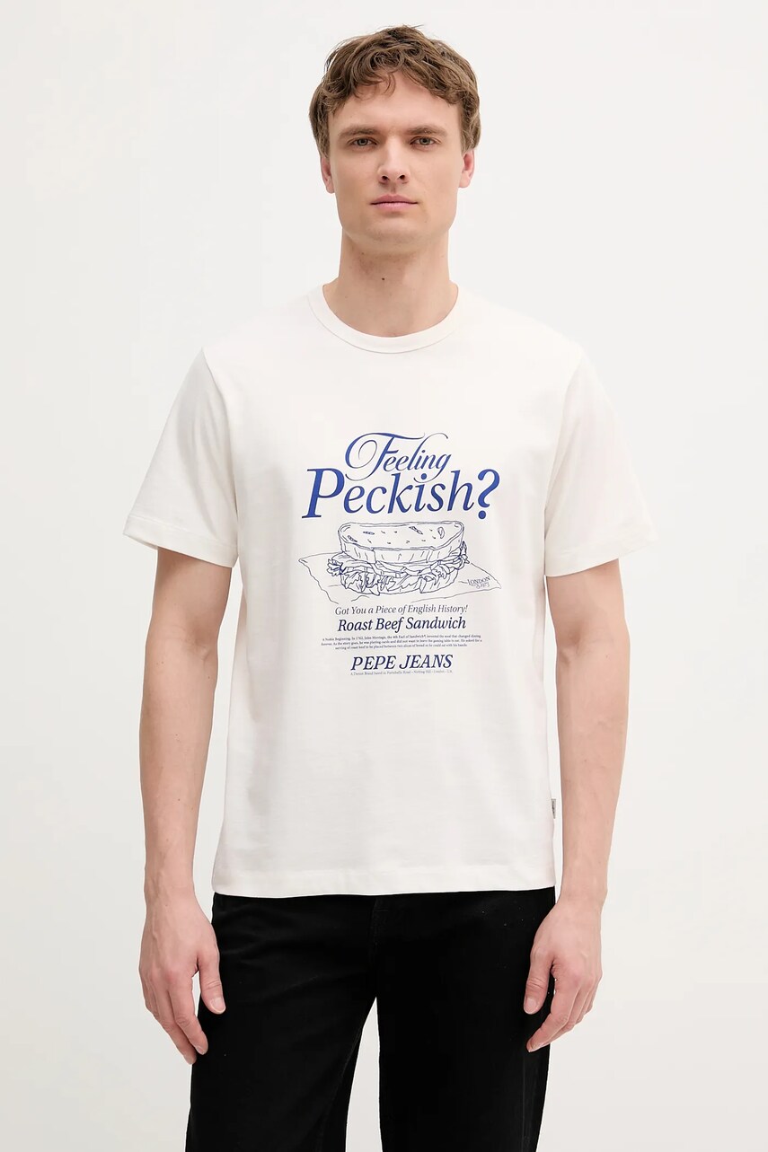 Levně Bavlněné tričko Pepe Jeans pánské, bílá barva, s potiskem, PM509957