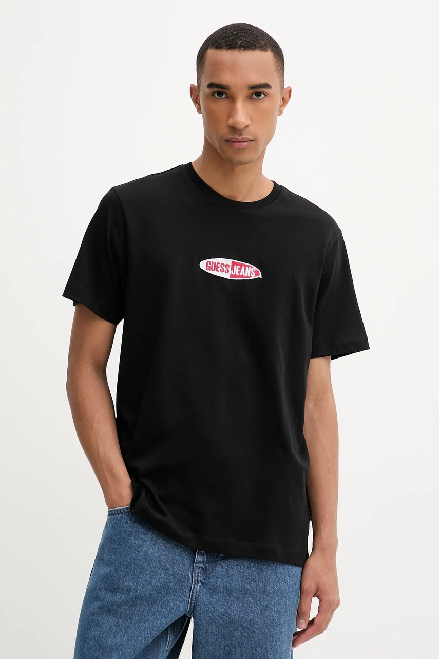 Levně Bavlněné tričko Guess Jeans pánské, černá barva, s aplikací, M5YI07 K8FQ4