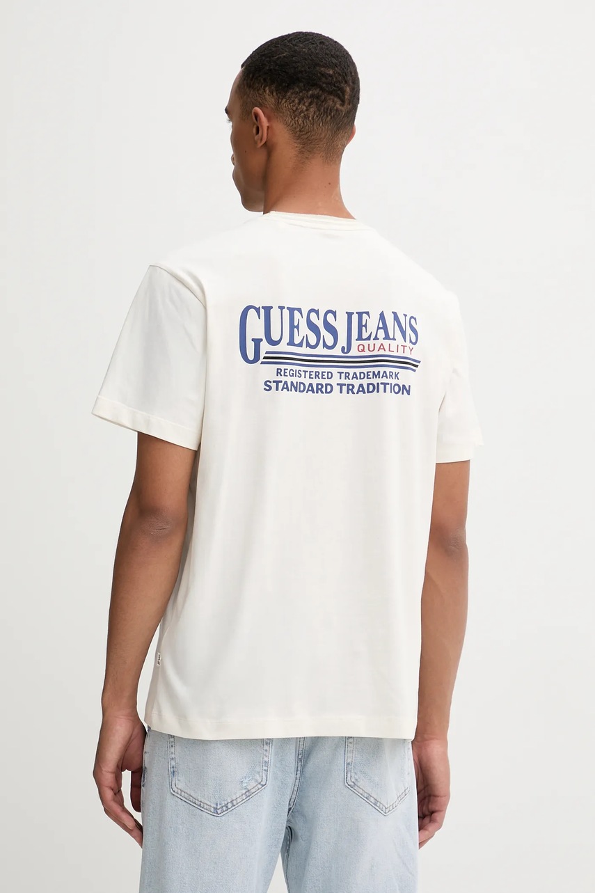 Levně Bavlněné tričko Guess Jeans pánské, béžová barva, s potiskem, M5YI09 K8FQ4