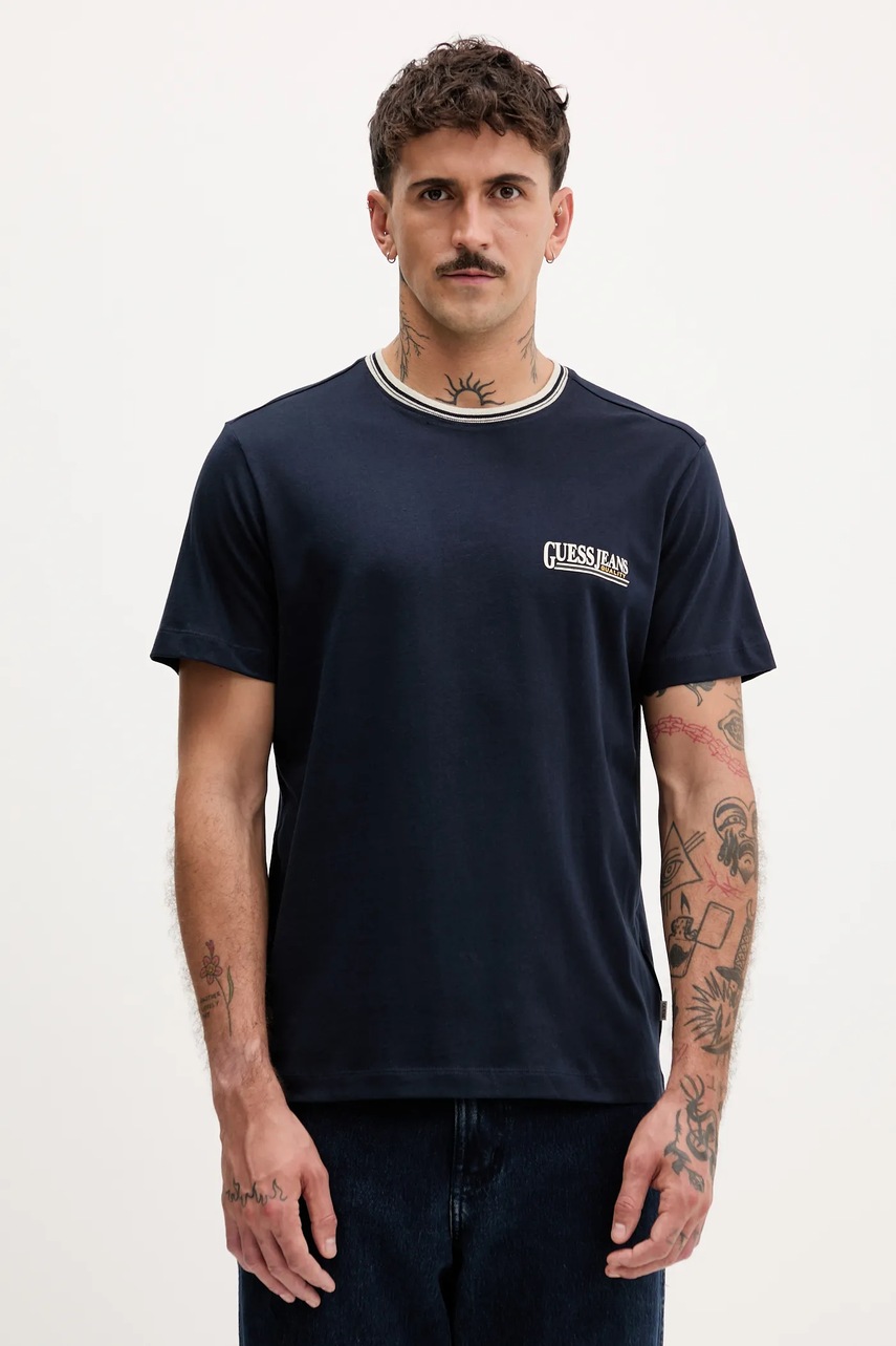 Levně Bavlněné tričko Guess Jeans pánské, tmavomodrá barva, s potiskem, M5YI09 K8FQ4