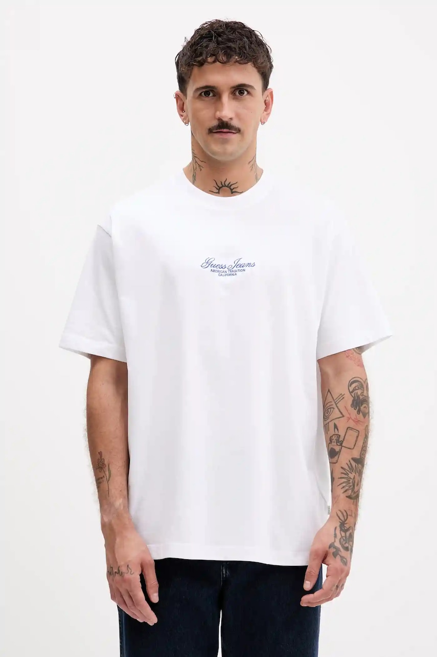 Levně Bavlněné tričko Guess Jeans pánské, bílá barva, s aplikací, M5YI61 K8FQ4