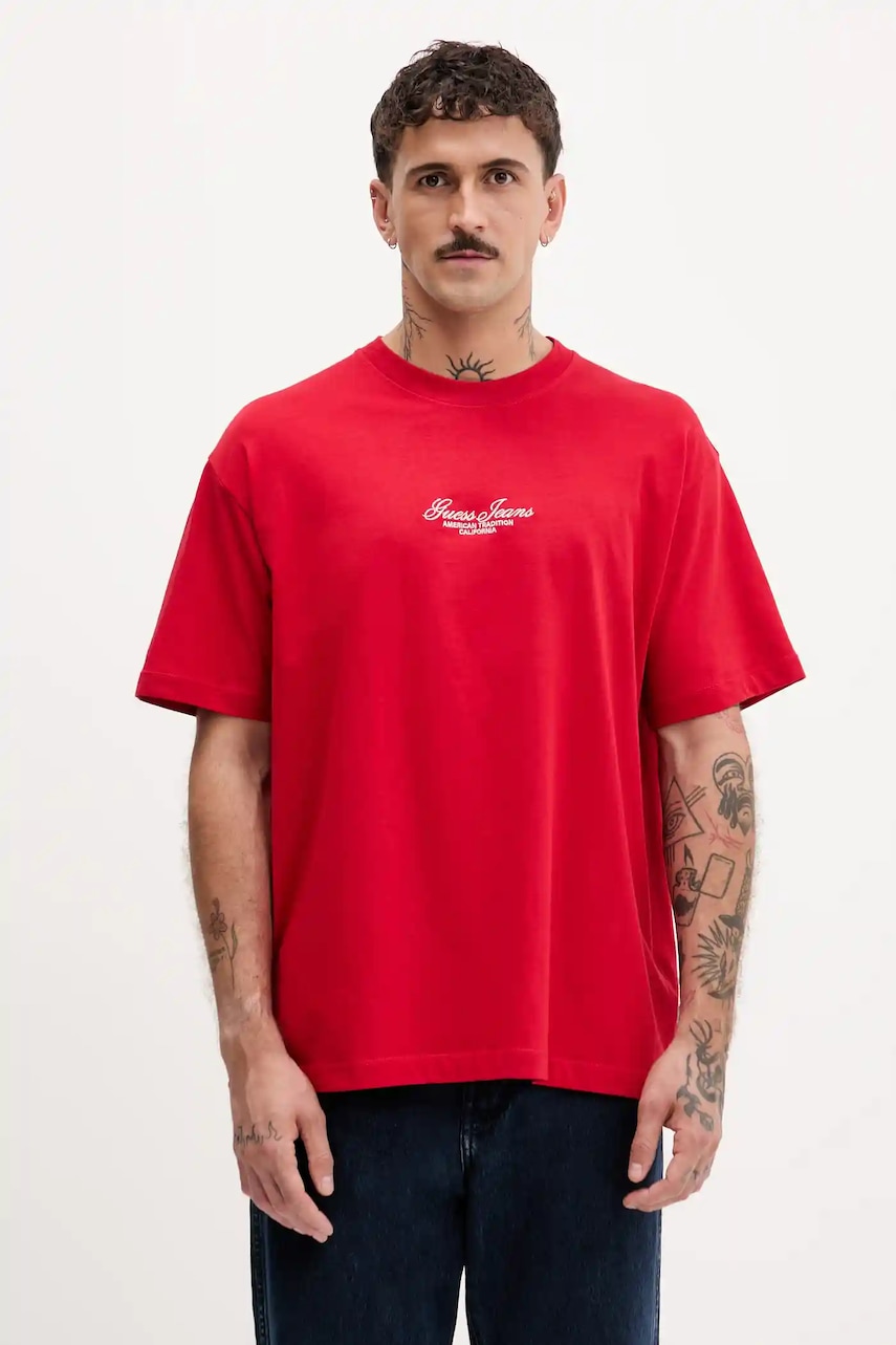 Levně Bavlněné tričko Guess Jeans pánské, červená barva, s aplikací, M5YI61 K8FQ4