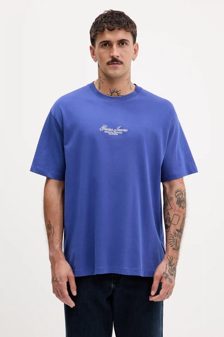 Levně Bavlněné tričko Guess Jeans pánské, modrá barva, s aplikací, M5YI61 K8FQ4