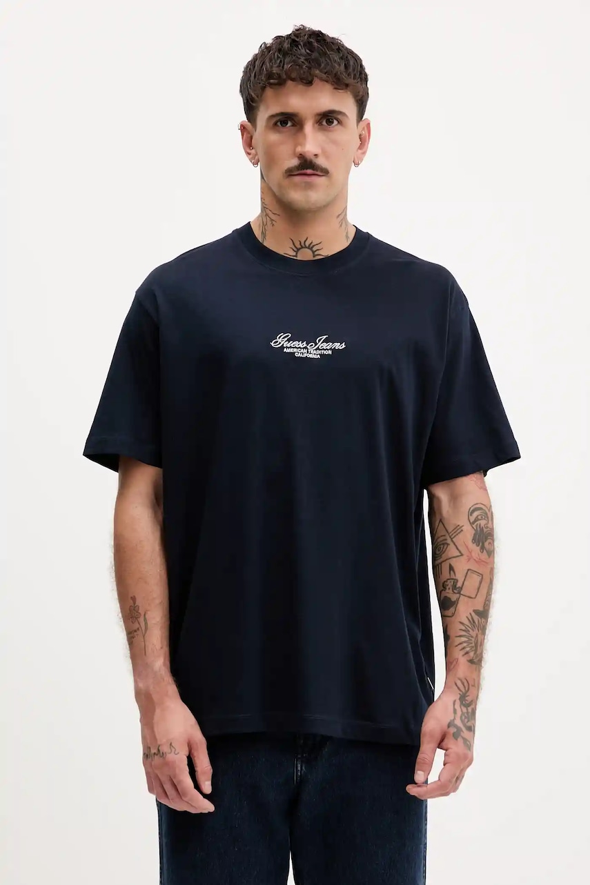 Levně Bavlněné tričko Guess Jeans pánské, tmavomodrá barva, s aplikací, M5YI61 K8FQ4