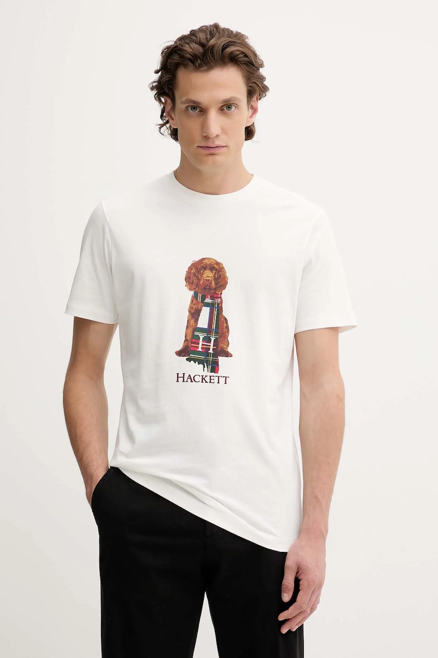 Hackett London tricou din bumbac culoarea alb, cu imprimeu, HM5000022