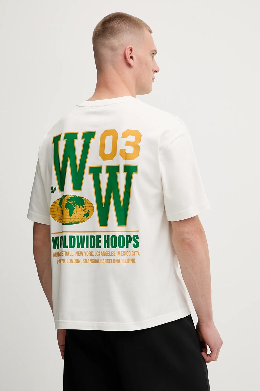 adidas Originals tricou Glbl Hoops Tee culoarea bej, cu imprimeu, JW6650