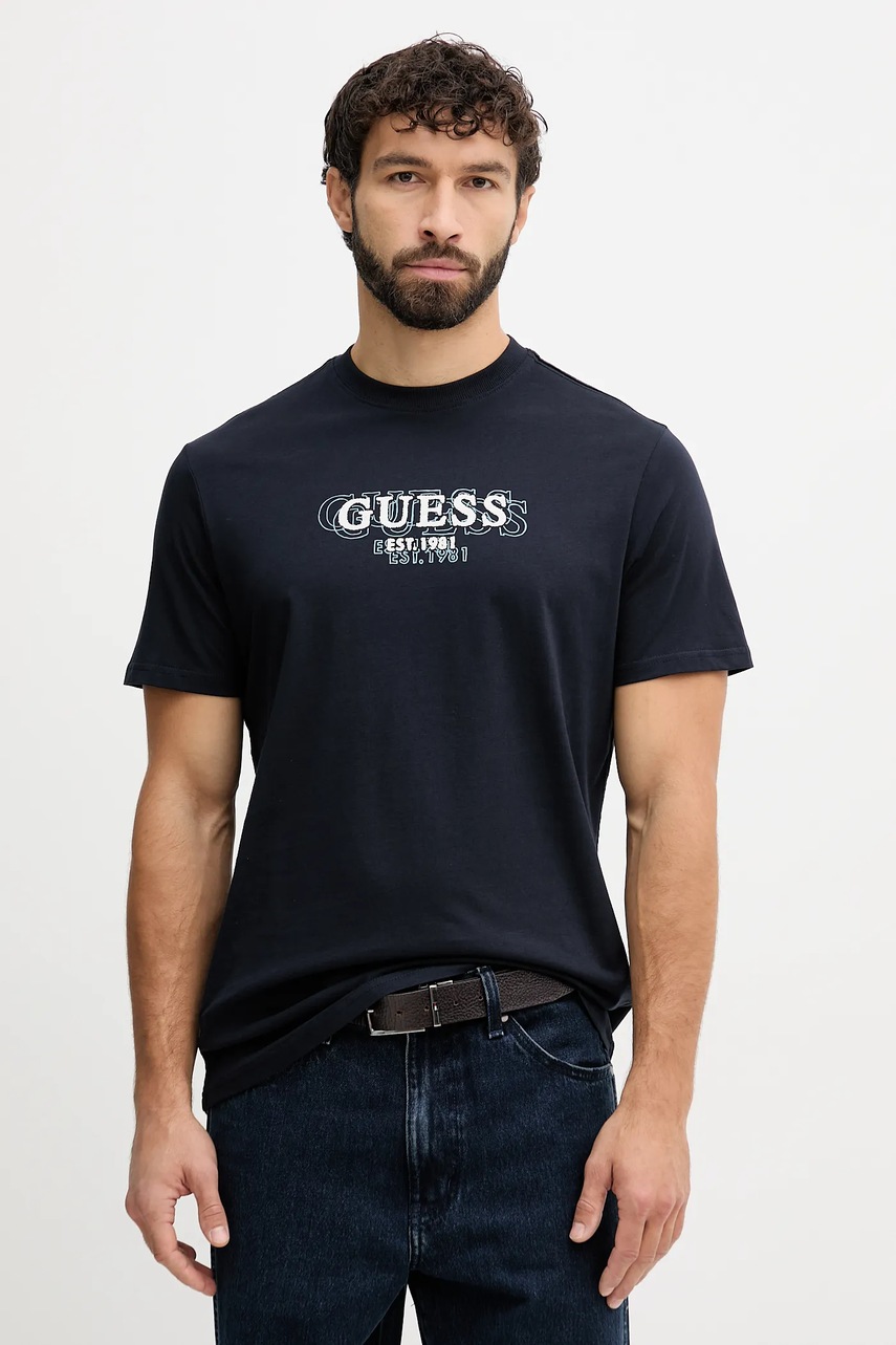 Levně Bavlněné tričko Guess pánské, tmavomodrá barva, s potiskem, M5BI05 I3Z14
