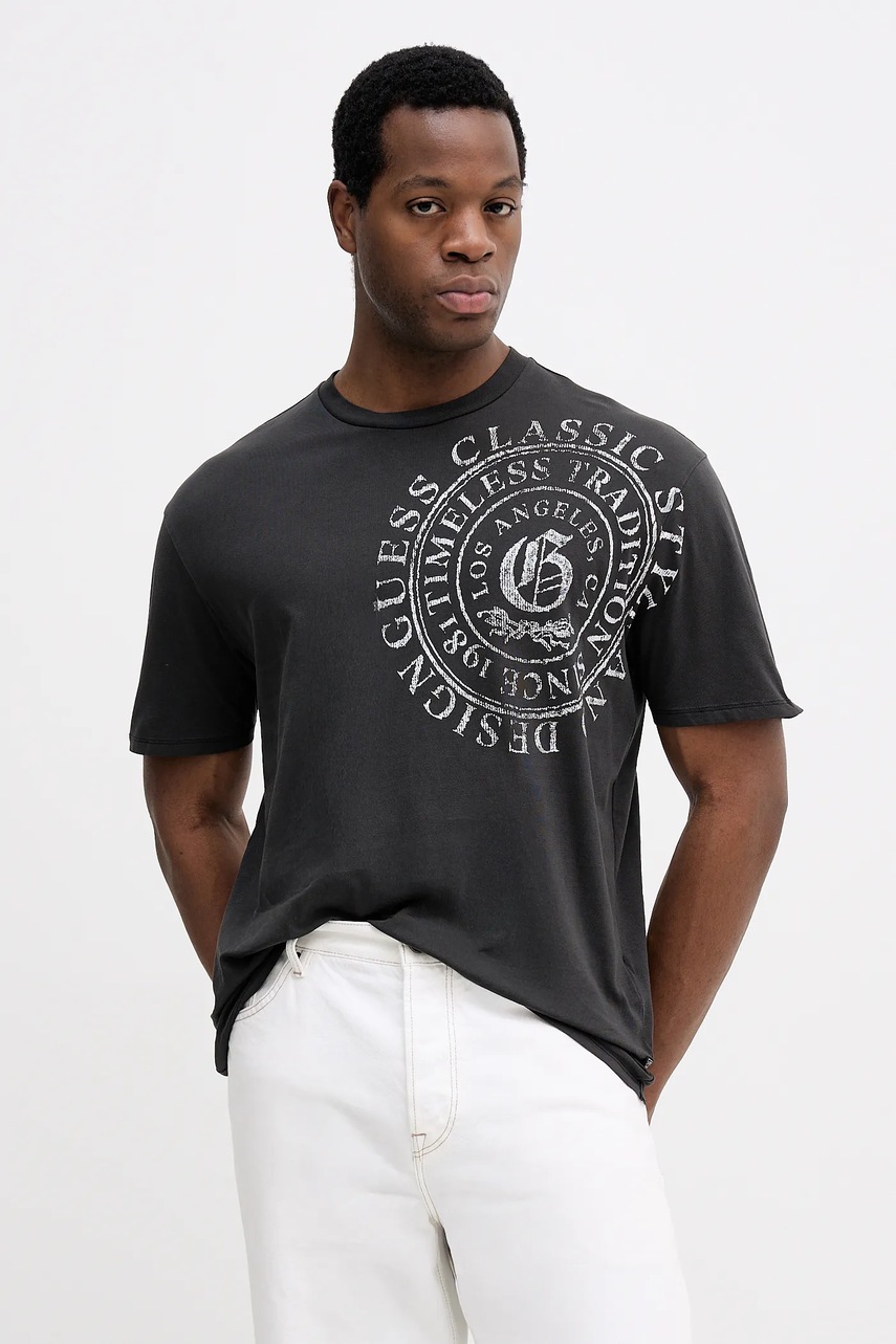 Levně Bavlněné tričko Guess pánské, šedá barva, s potiskem, M5BI69 I3Z14