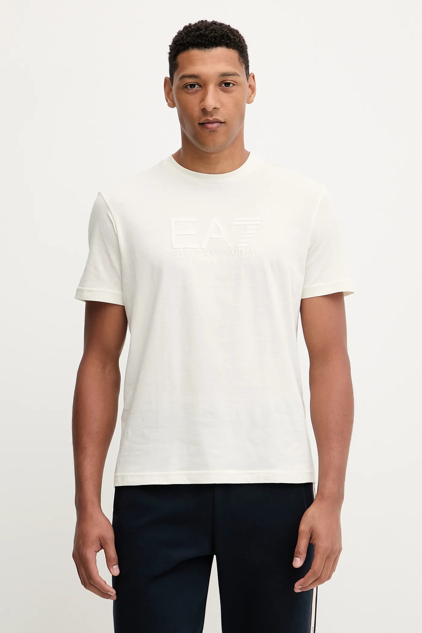 EA7 Emporio Armani tricou din bumbac culoarea bej, cu imprimeu, AF10375-7M000898