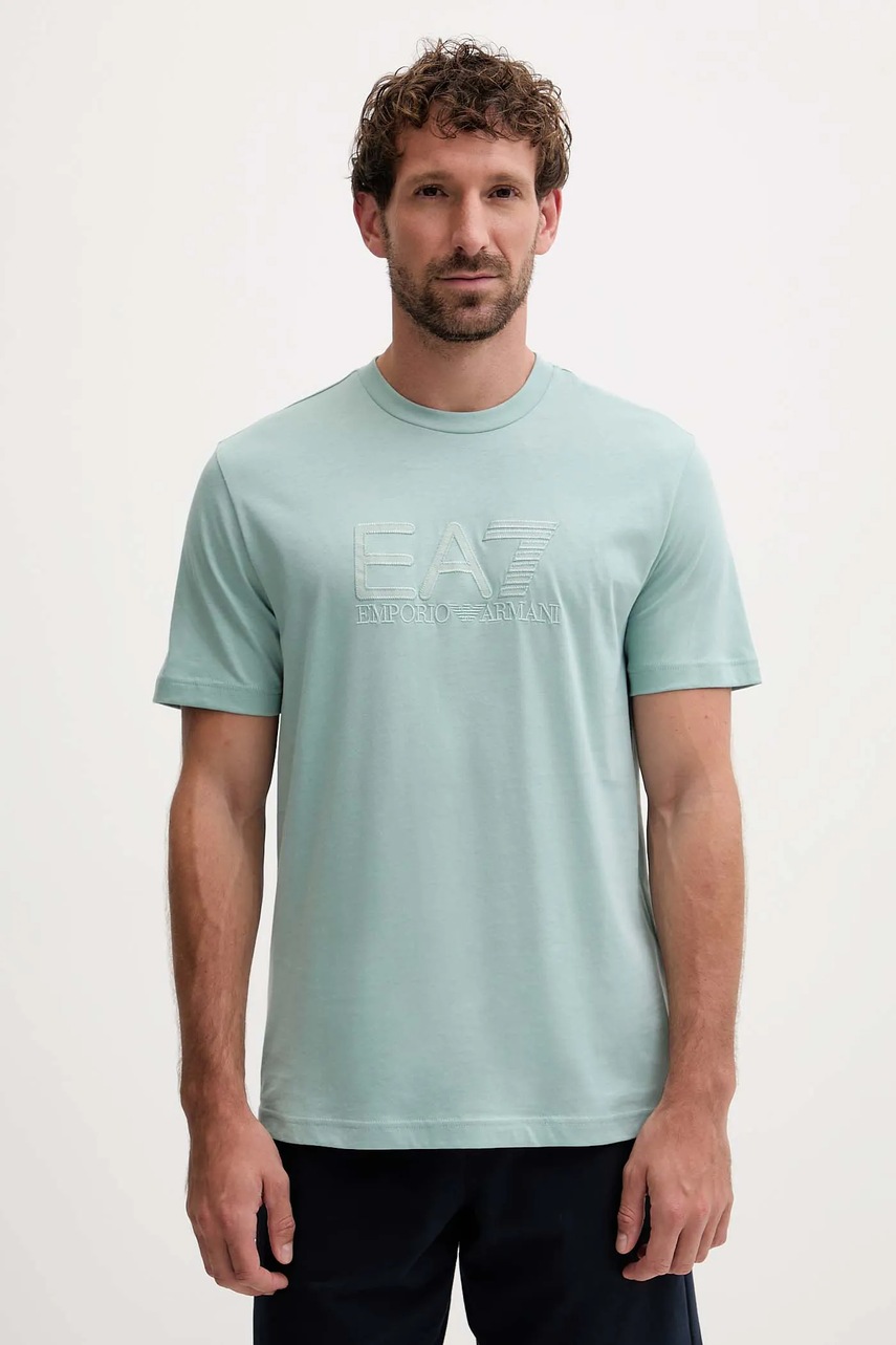 Levně Bavlněné tričko EA7 Emporio Armani pánské, tyrkysová barva, s aplikací, AF10375-7M000898