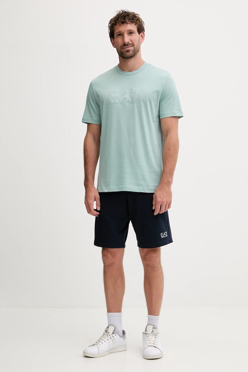 Хлопковая футболка EA7 Emporio Armani цвет бирюзовый с аппликацией AF10375-7M000898 Хлопковая футболка EA7 Emporio Armani цвет бирюзовый с аппликацией AF10375-7M000898