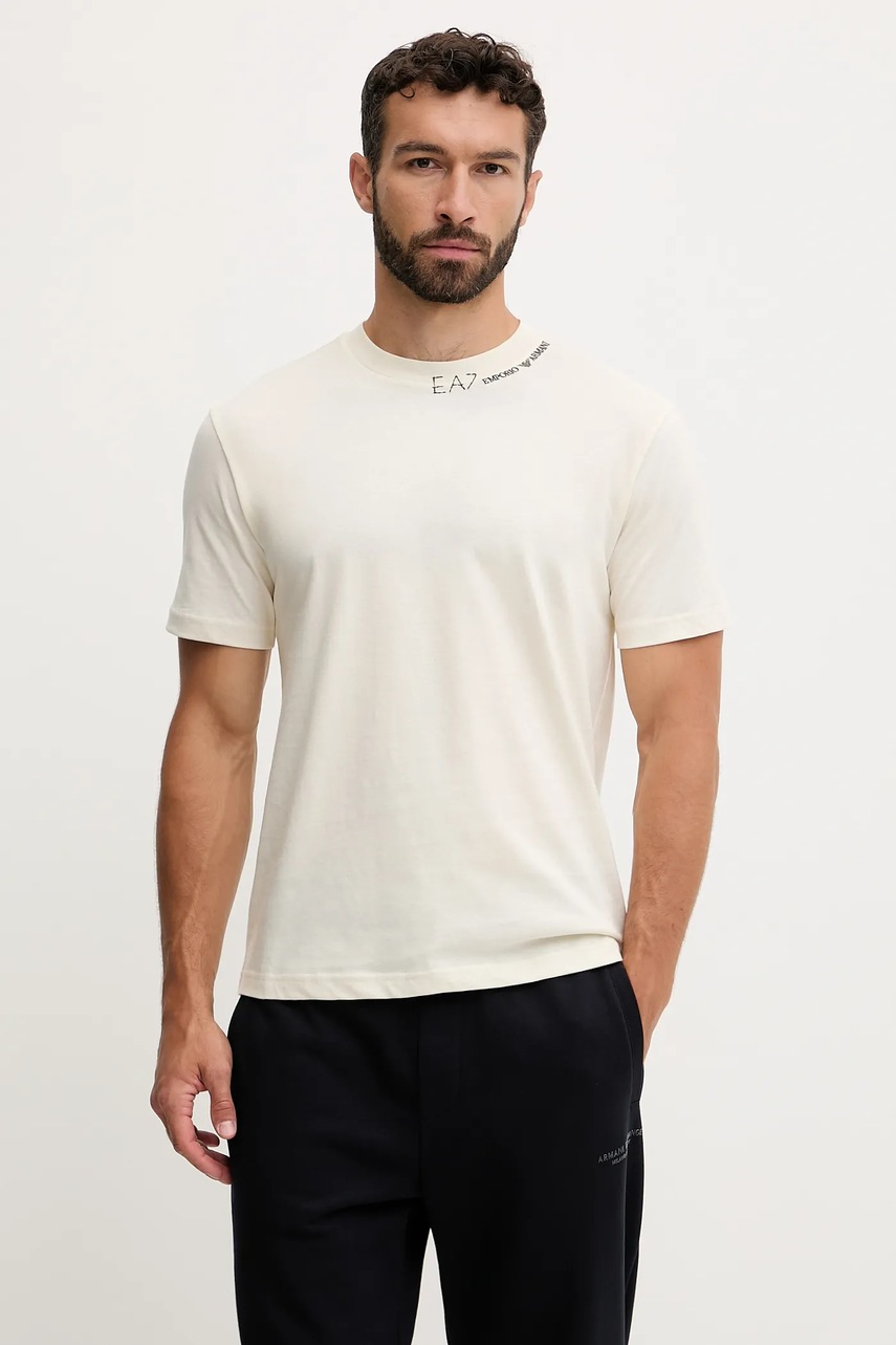 Levně Bavlněné tričko EA7 Emporio Armani pánské, béžová barva, AF13244.7X000147