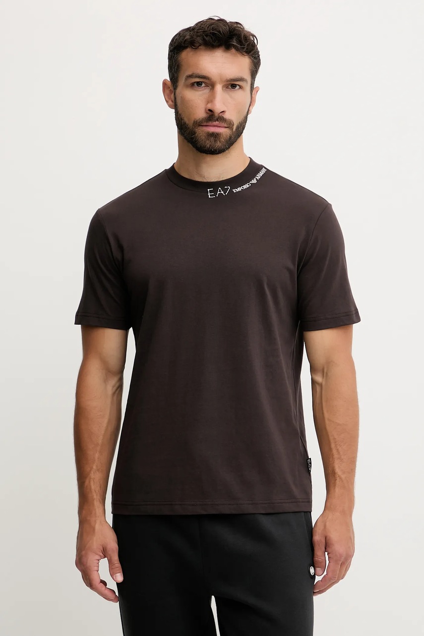 Levně Bavlněné tričko EA7 Emporio Armani pánské, hnědá barva, AF13244.7X000147