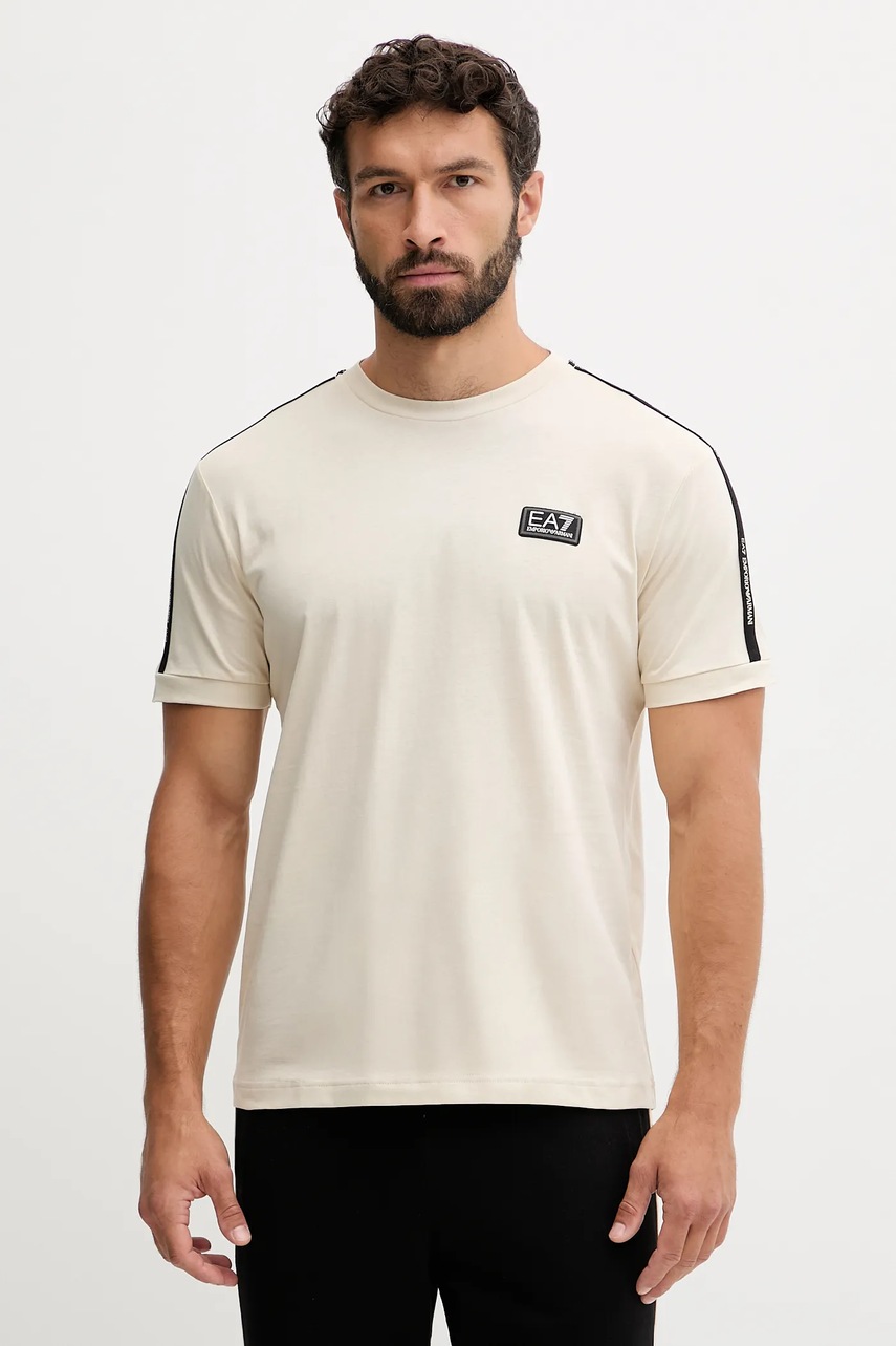Levně Bavlněné tričko EA7 Emporio Armani pánské, béžová barva, s aplikací, AF10375-7M000956