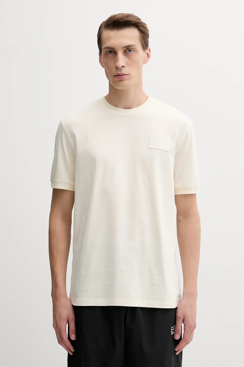 Levně Bavlněné tričko EA7 Emporio Armani pánské, béžová barva, s aplikací, AF13741.7X000127