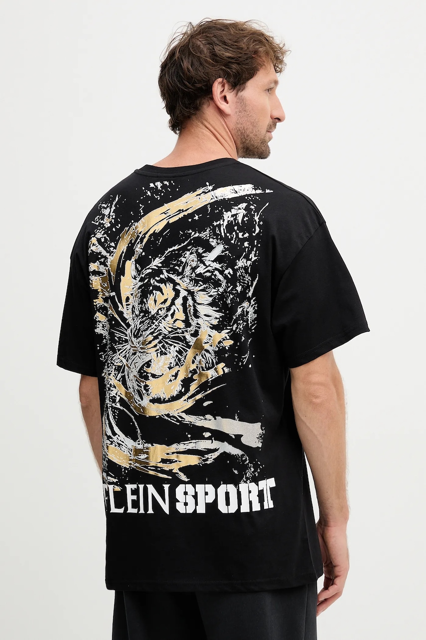 PLEIN SPORT tricou din bumbac culoarea negru, cu imprimeu, FAEC MTK8368 STE001N