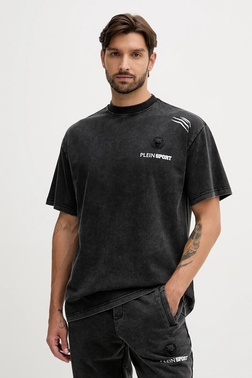 PLEIN SPORT tricou din bumbac culoarea negru, cu imprimeu, FAEC MTK8377 STE001N