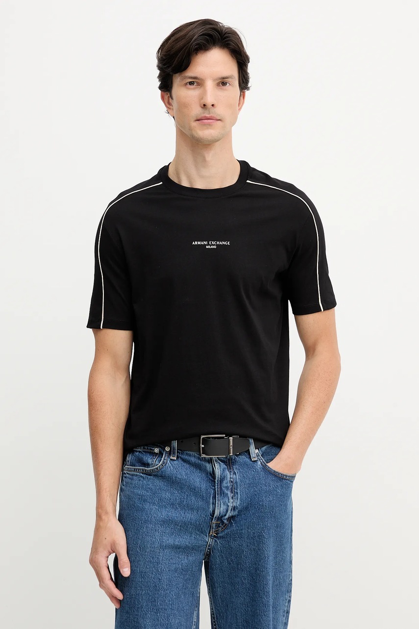 Armani Exchange tricou din bumbac culoarea negru, cu imprimeu, XM001360 AF10358