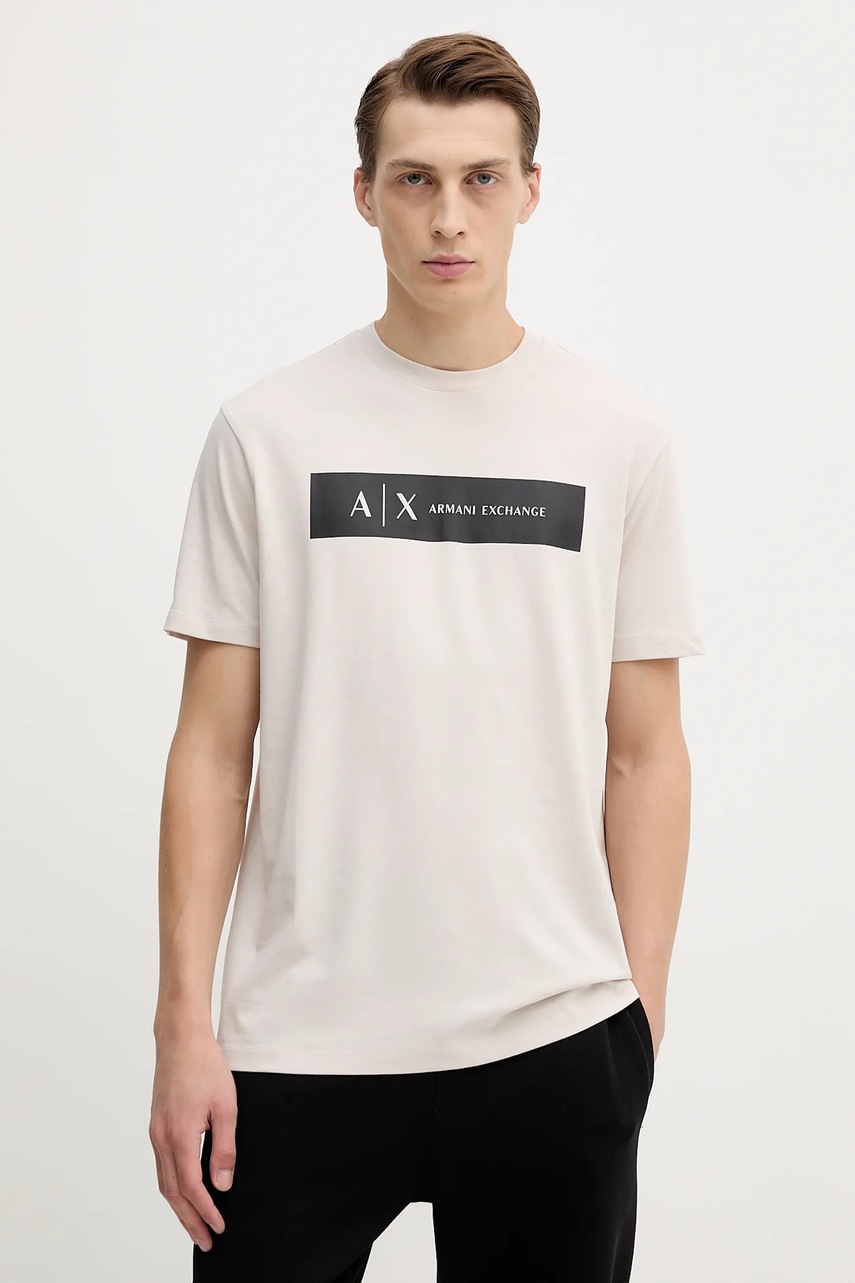 Levně Bavlněné tričko Armani Exchange pánské, béžová barva, s potiskem, XM001425 AF10361
